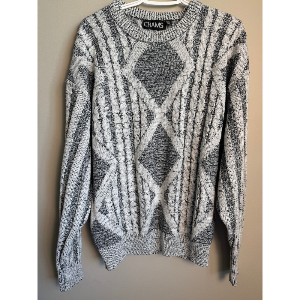 Chams Vintage Marled Gray Cable Knit Sweater XL Cozypunk Grandpacore Retro 90s